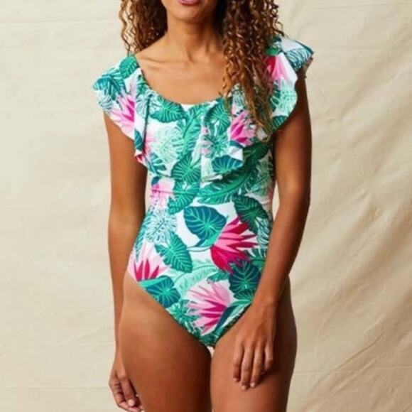 Matilda Jane Palm Tree Paradise Green/Pink Ruffle One Piece Swimsuit Medium - Picture 1 of 7